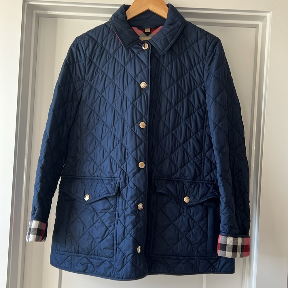 Burberry Navy Quilted Utility Jacket with Check Cuff Detail